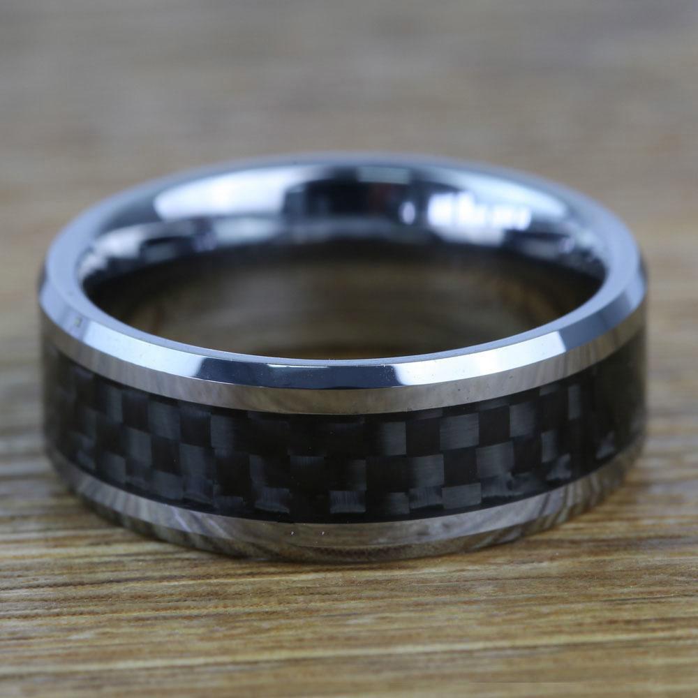 Mens Tungsten Wedding Band With Beveled Carbon Fiber Inlay 8mm