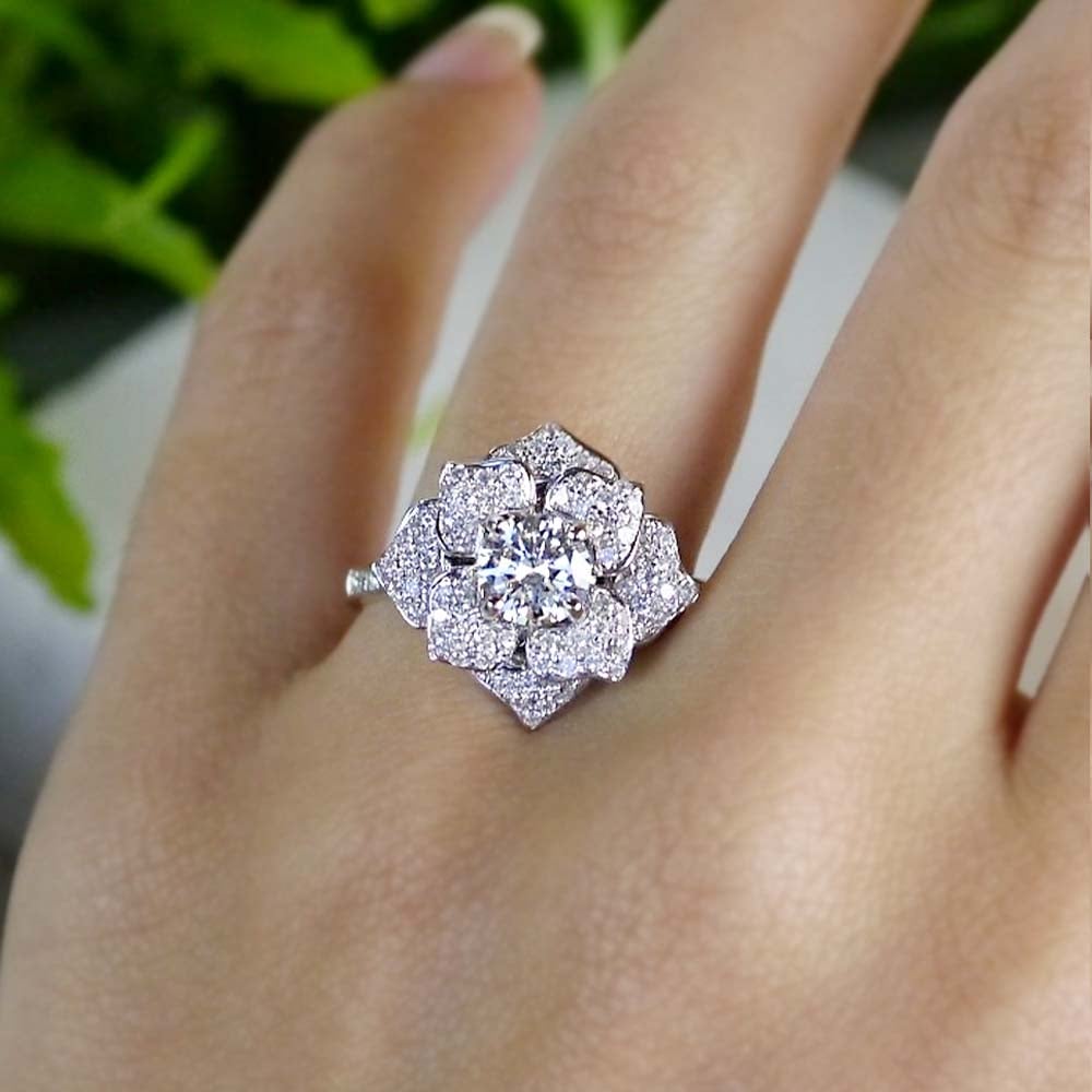 Flower Diamond Engagement Ring In White Gold By Parade