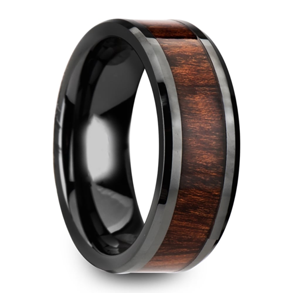 The Carpenter - Beveled Black Ceramic Mens Band with Carpathian Wood ...