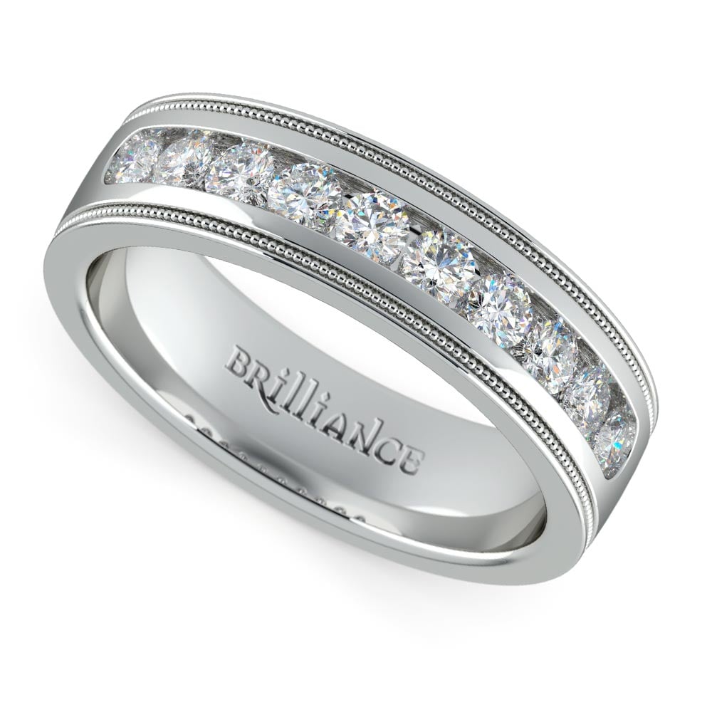 Classic Mens White Gold Diamond Ring with Milgrain 6mm