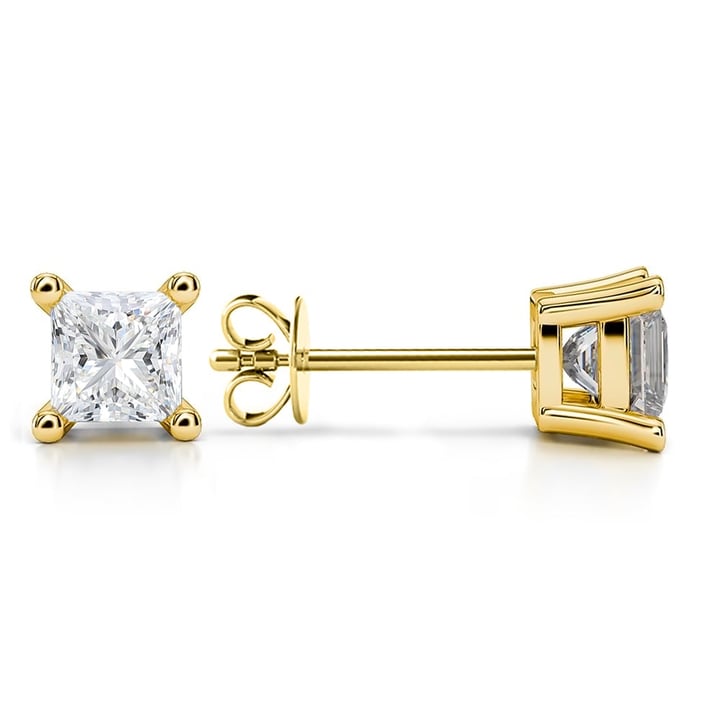 1 Carat Lab Grown Princess Diamond Studs in Yellow Gold