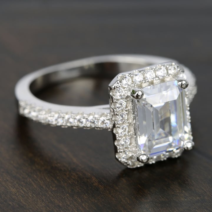 2 Carat Emerald Cut Diamond Ring With Halo In White Gold