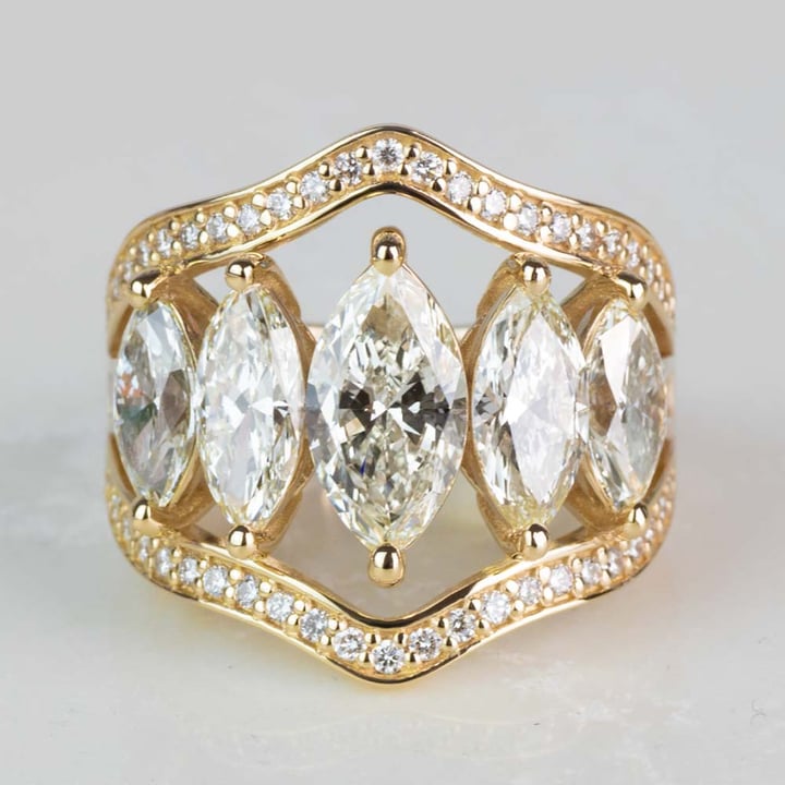 Custom Five Marquise Diamond Ring With Round And Baguette Side Diamonds