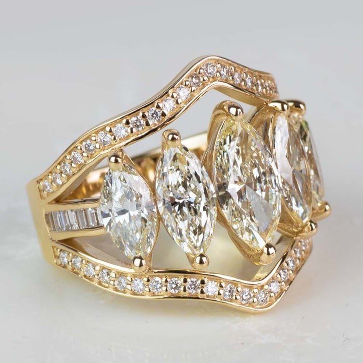 Custom Five Marquise Diamond Ring With Round And Baguette Side Diamonds