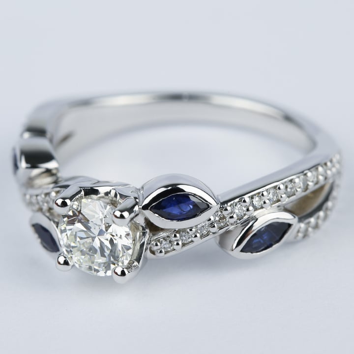 Sapphire Leaves Engagement Ring With Round Cut Diamond