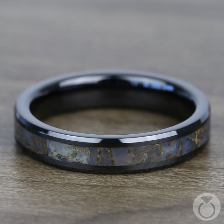 Blue Dinosaur Bone Inlay Wedding Ring in Black Ceramic (4mm)