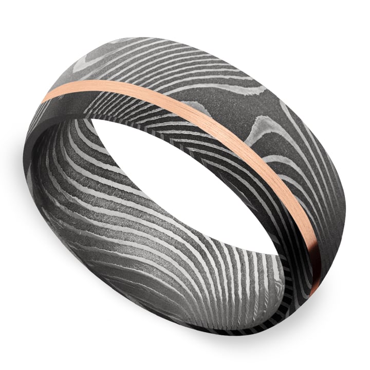 Stainless Damascus Flat Band with Offset 14k Rose Gold Inlay