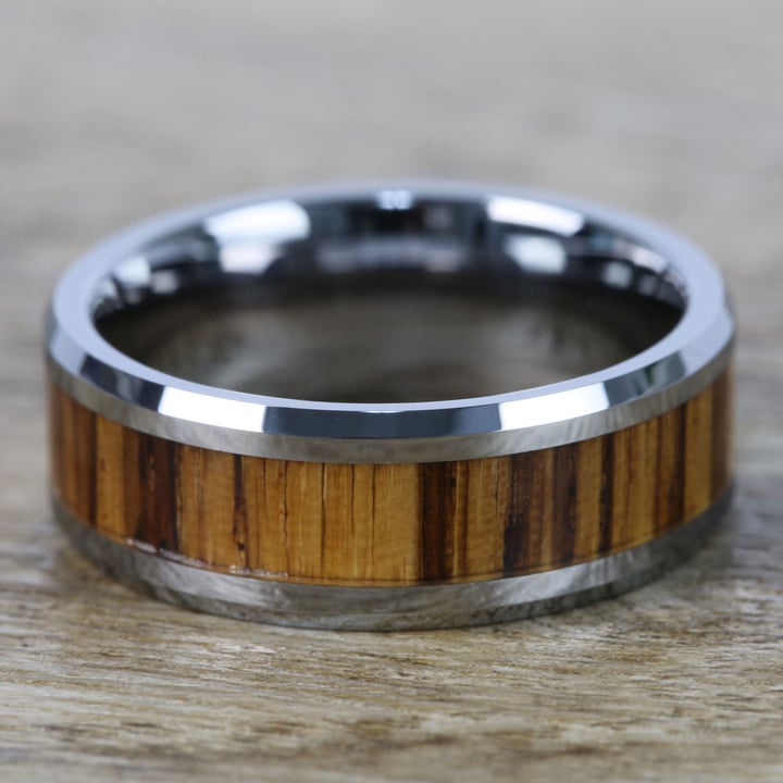 Mens Zebra Wood Inlay Tungsten Wedding Band