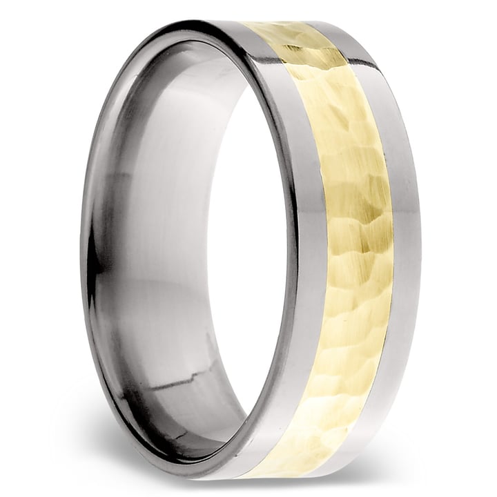 Hammered 14K Yellow Gold Inlay Men's Wedding Ring In Titanium (8mm)