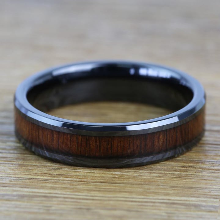Wood Inlay Rings - Koa Wood in Black Ceramic