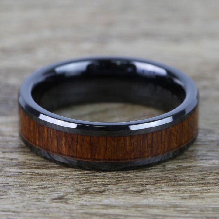 Male Teak Wood Inlay Wedding Ring In Black Ceramic