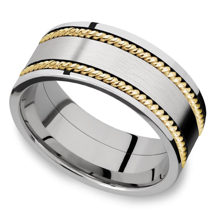 Mens Braided 14K Yellow Gold And Cobalt Wedding Band