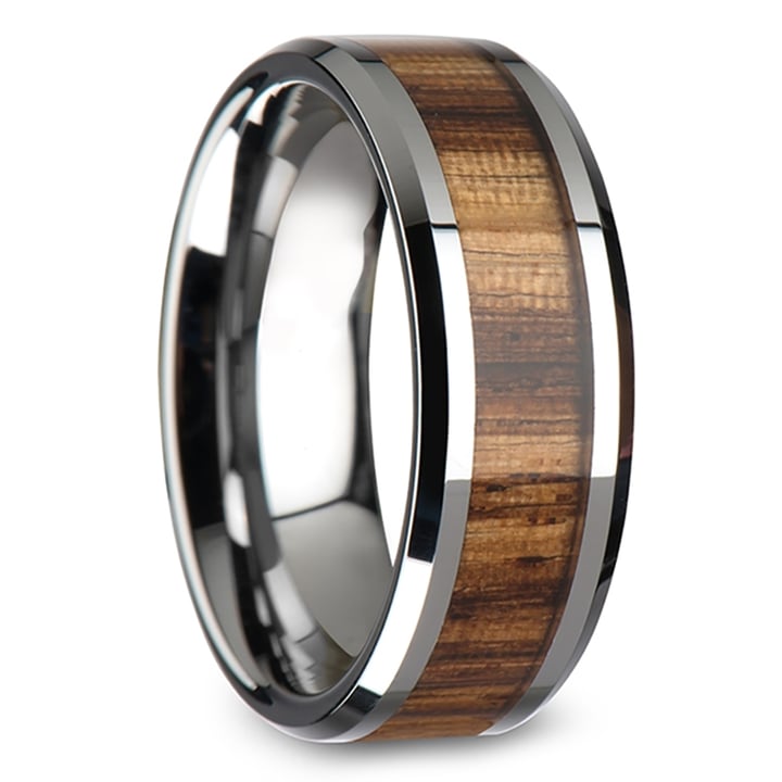 Mens Zebra Wood Inlay Tungsten Wedding Band