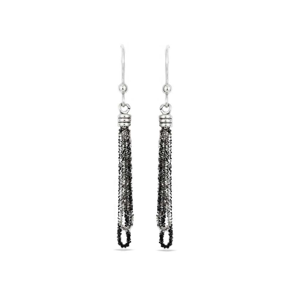 Black Bead Fringe Dangle Earrings in Silver