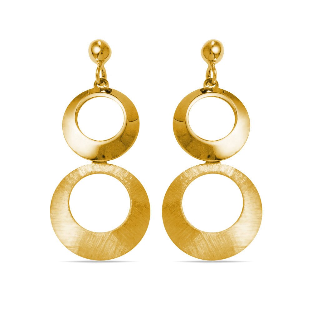 Circle Dangle Earrings with Mixed Finish in Yellow Gold