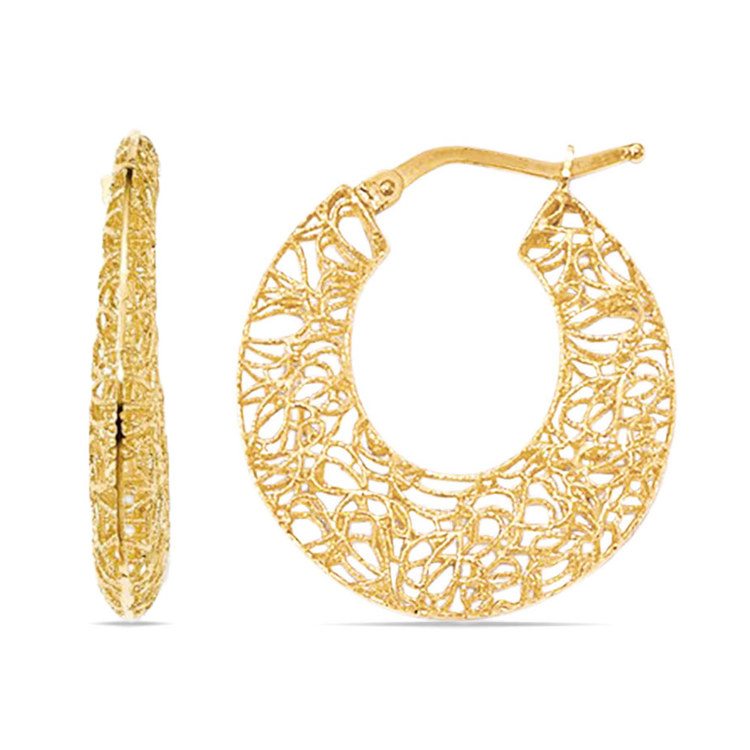 Delicate Wire Filigree Hoop Earrings in Yellow Gold