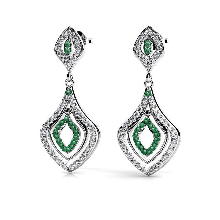 Diamond & Emerald Dangle Earrings in White Gold