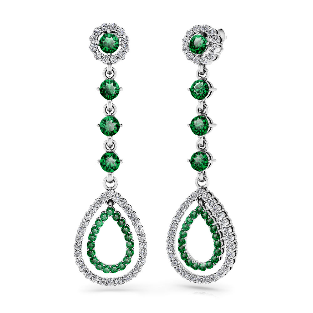Diamond & Emerald Teardrop Earrings in White Gold