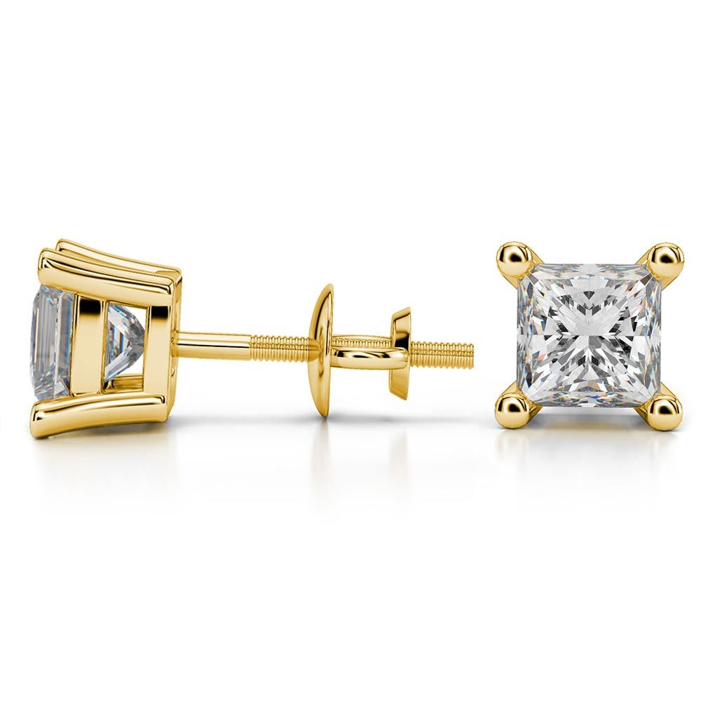 Princess Cut Moissanite Stud Earrings In Yellow Gold (6.5 mm)