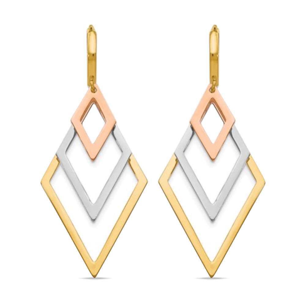 Tri Color Gold Diamond Shape Hoop Earrings In 14K Gold