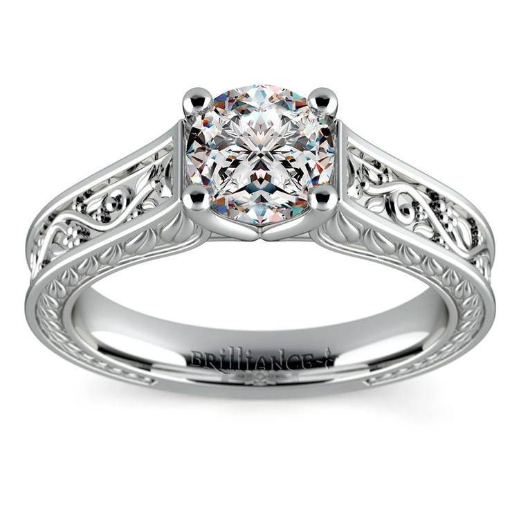 Antique Floral  Solitaire Engagement  Ring  in White  Gold 