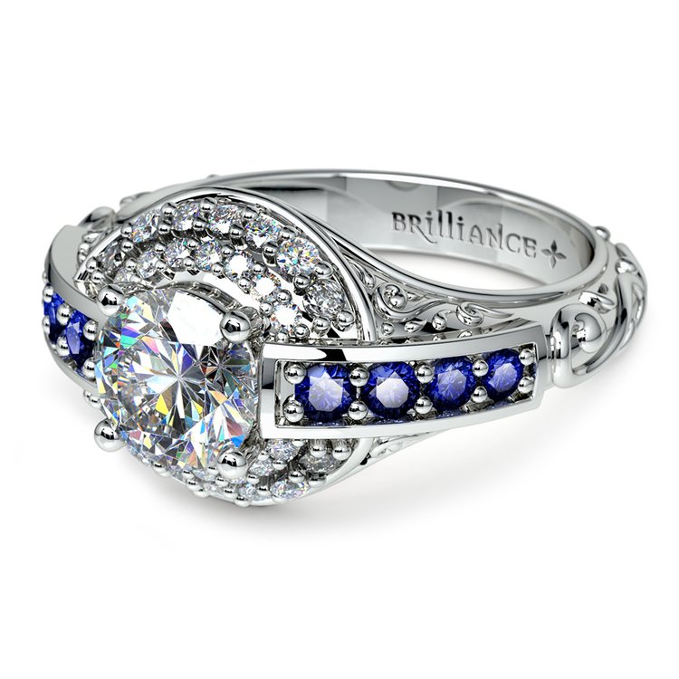 Antique Halo Diamond & Sapphire Engagement Ring in White Gold