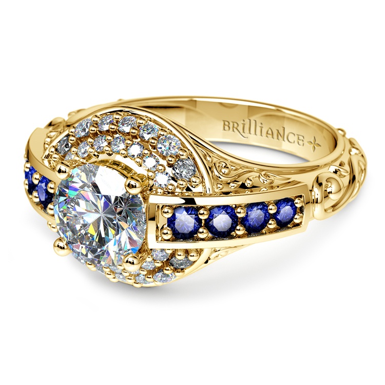 Antique Halo Diamond & Sapphire Engagement Ring in Yellow Gold