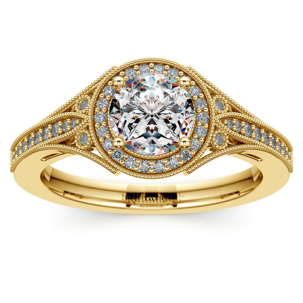 Art Deco Yellow Gold Engagement Ring With Diamond Halo