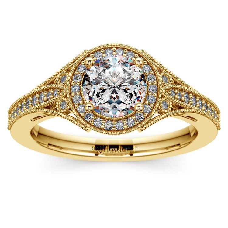 Art Deco Halo Diamond Engagement Ring in Yellow Gold