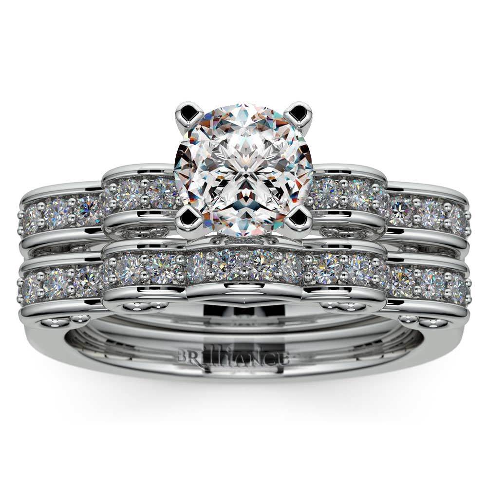 Cinderella Engagement Ring and Wedding Band Set In Platinum