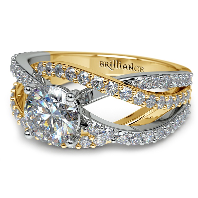 Layered Crossover Pave Diamond Engagement Ring in Yellow Gold & Platinum