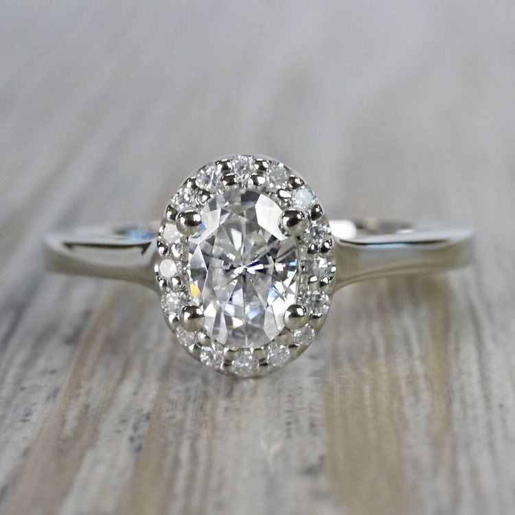 Halo Oval Moissanite Engagement Ring in White Gold (7 mm)
