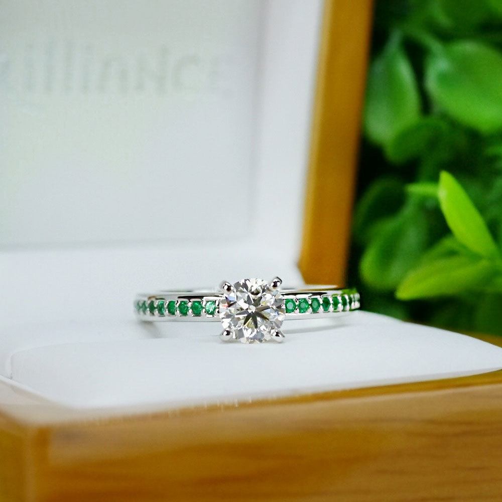 Pave Emerald Gemstone Engagement Ring in White Gold