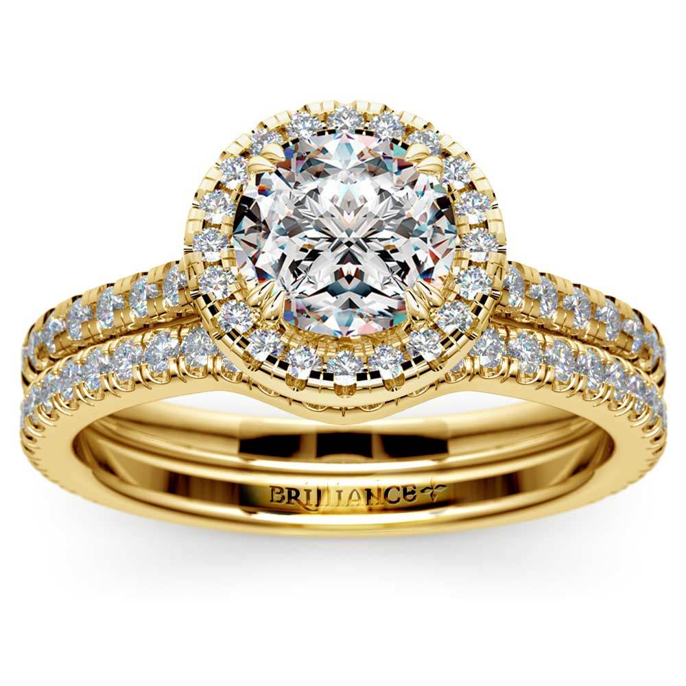 Petite Halo Diamond Bridal Set In Yellow Gold