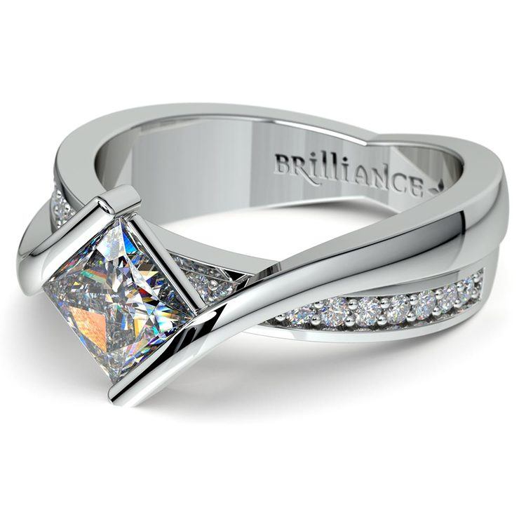  Princess  Bezel Diamond Bridge  Engagement  Ring  in White Gold