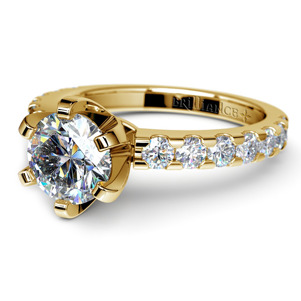 Six Prong Engagement Ring With Diamond Band In Gold