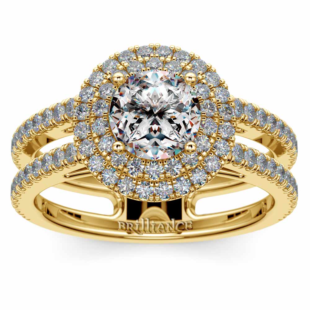 Split Shank Double Halo Ring In Classic Gold