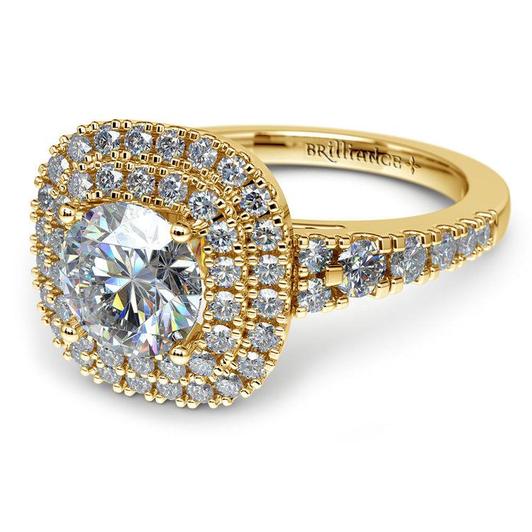 Double Halo Square Diamond Ring Setting In Yellow Gold