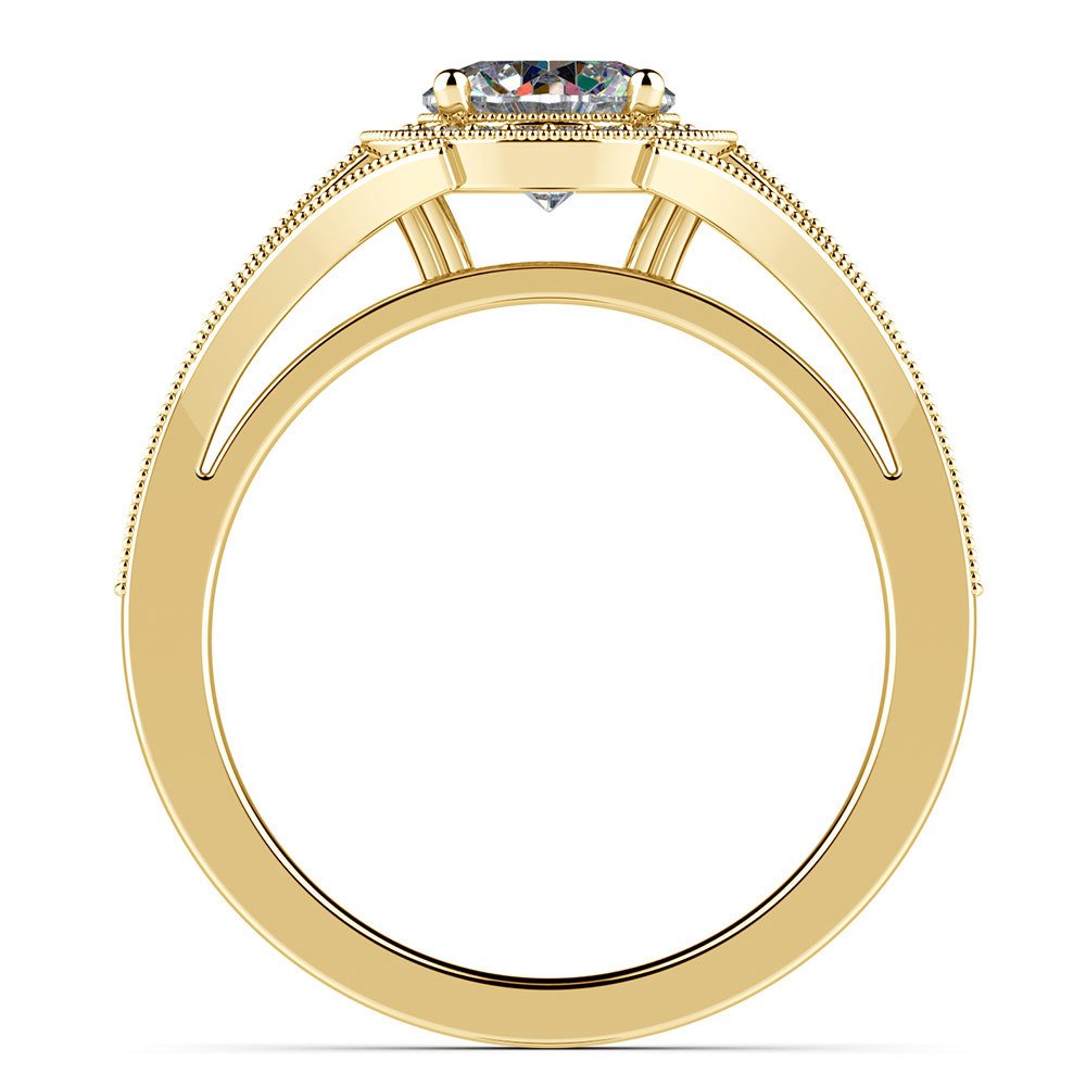 Milgrain Halo Engagement Ring In Gold Vintage Style