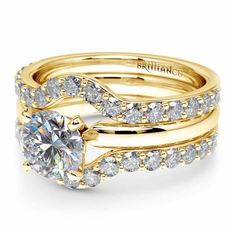 Updated Bridal Set 10 Curved Round Cut Diamond Yellow Gold V4 