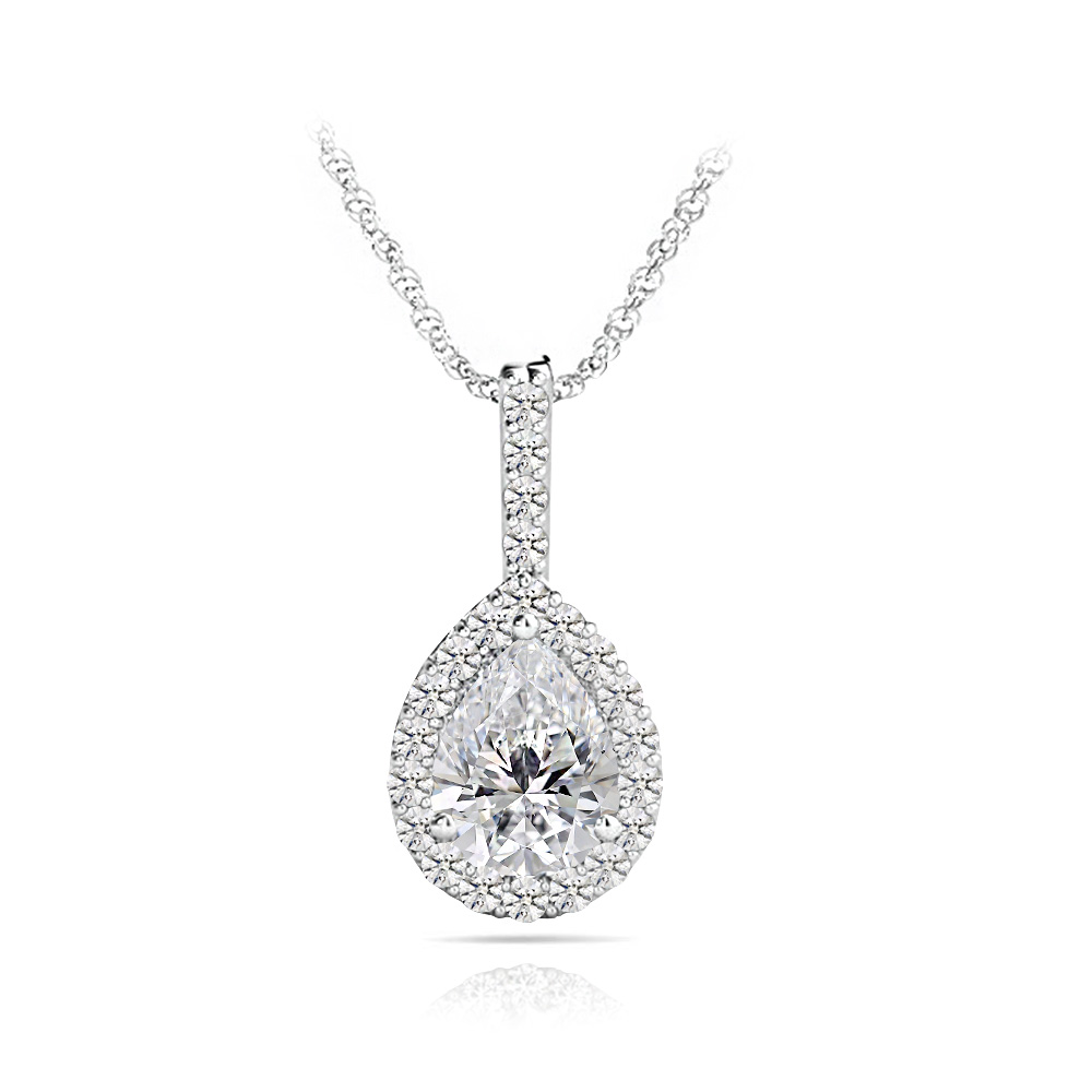 Petite Pear Halo Diamond Necklace In White Gold