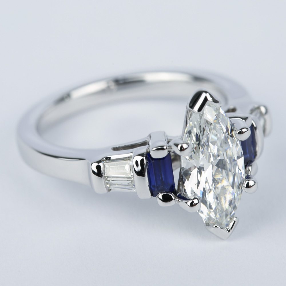 Custom Baguette Diamond & Sapphire Ring with Marquise Center