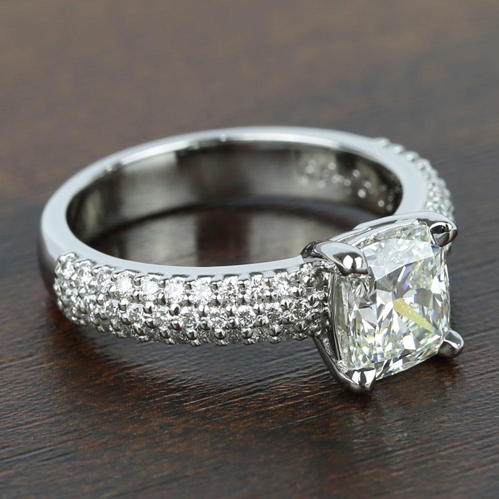 3 Row Pave Engagement Ring With Cushion Cut Diamond