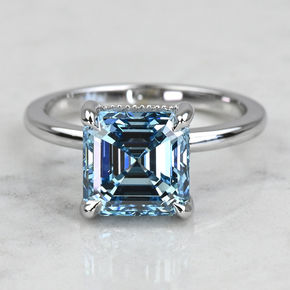 3 Carat Lab Grown Fancy Blue Asscher Diamond Hidden Halo Engagement Ring