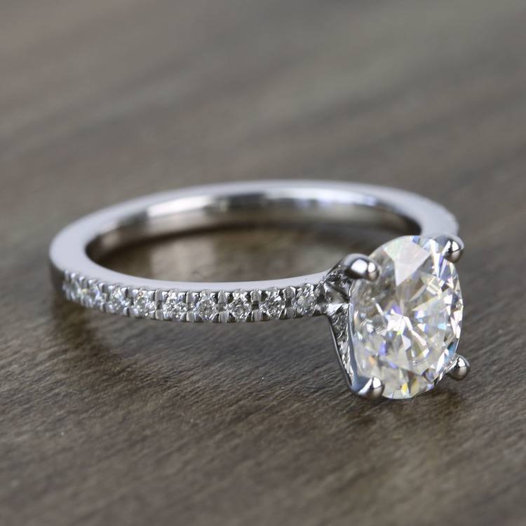Oval Moissanite Petite Pave Diamond Engagement Ring (8x6 mm.)