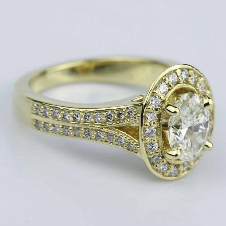 Oval Diamond Halo Engagement Ring In Yellow Gold