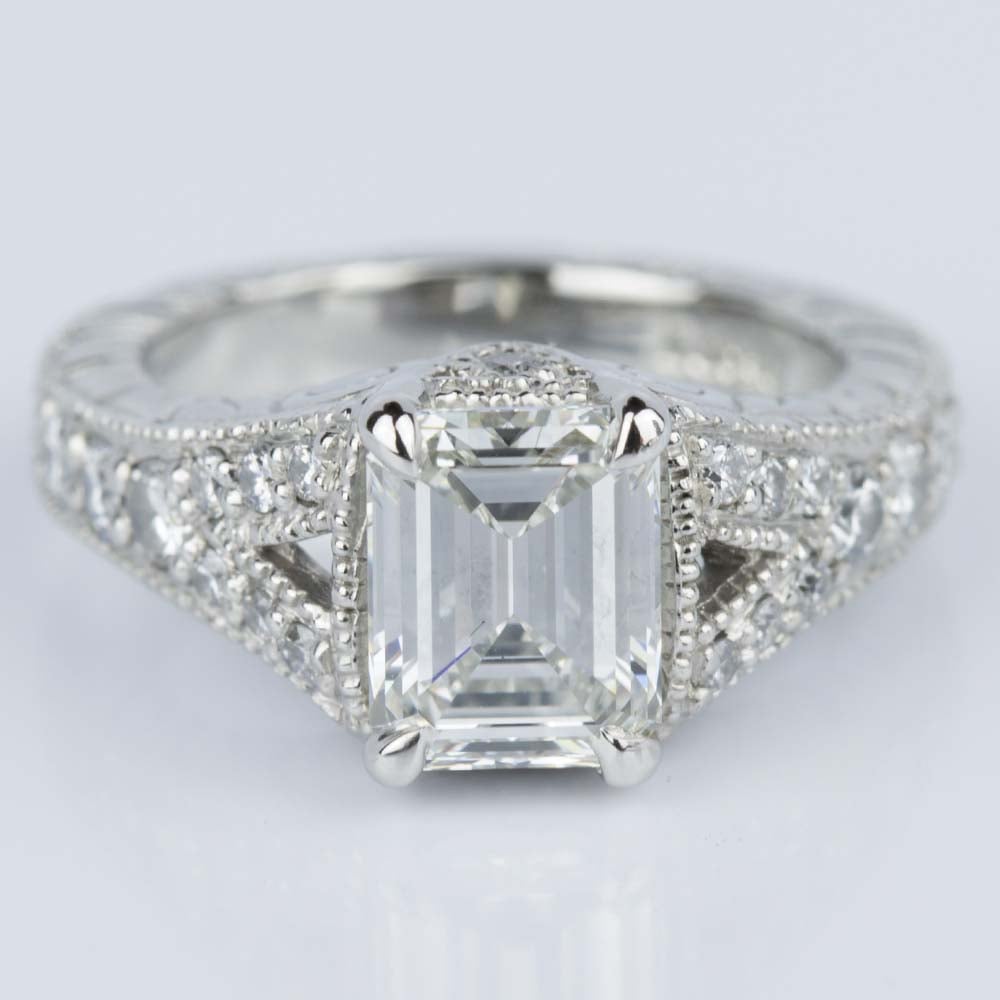 Antique Split Shank Emerald Diamond Engagement Ring in Platinum (1.52 ct.)