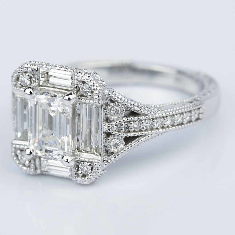 Vintage Inspired Emerald Cut Diamond Engagement Ring in White Gold