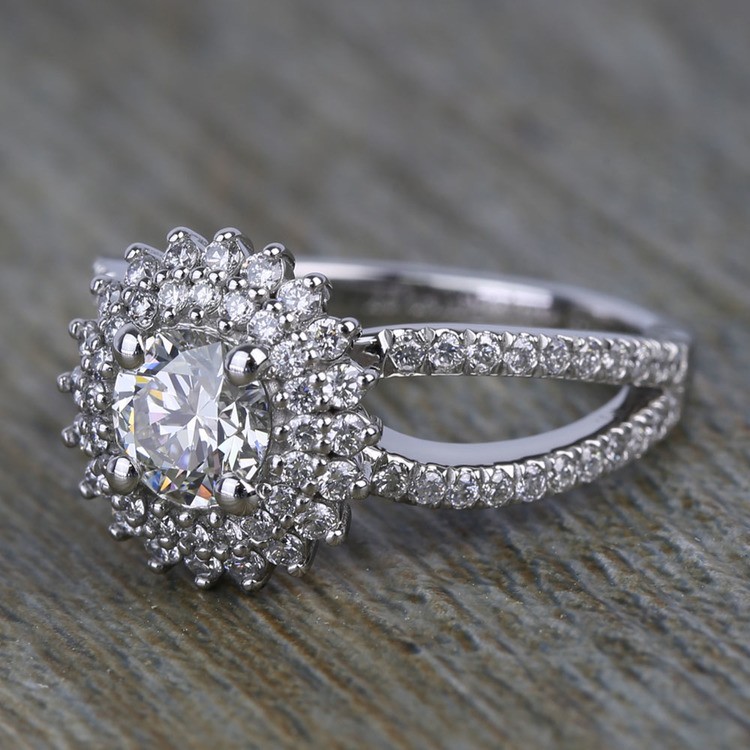 Asymmetric 0.90 Carat Round Sunburst Halo Diamond Engagement Ring