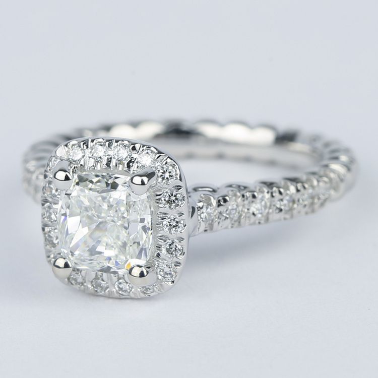 Cushion Cut Halo Diamond And Rope Twist Engagement Ring